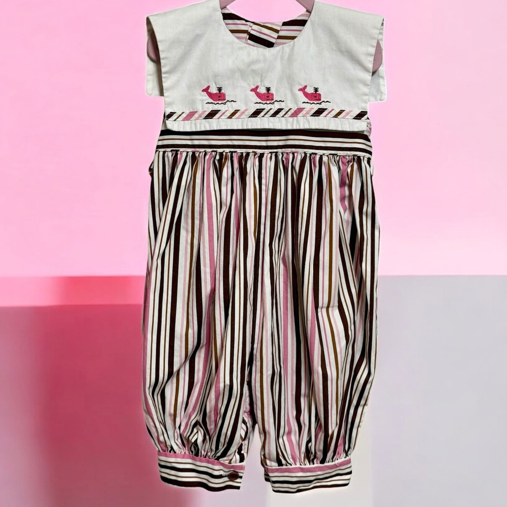 Beaux et Belles New Orleans Kids Size 2 Whale‎ Embroidered Striped Romper/Jumper
